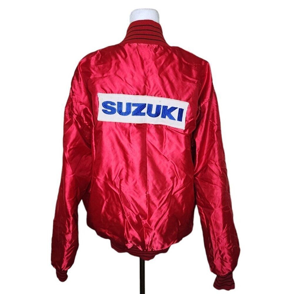 Vintage 80s Suzuki Satin Bomber Jacket Mens Size L Red